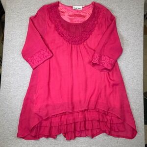Nicole Marie Hot Pink Crochet Lace Neck Ruffle Hem 3/4 Sleeve Tunic Top Large